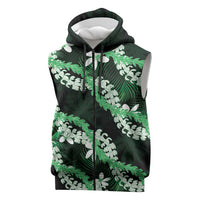 Puakenikeni Maile Lei Sleeveless Zip Hoodie Frangipani Green Tropical Leaves