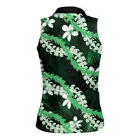 Puakenikeni Maile Lei Women Sleeveless Polo Shirt Frangipani Green Tropical Leaves LT01 - Polynesian Pride