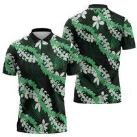 Puakenikeni Maile Lei Zipper Polo Shirt Frangipani Green Tropical Leaves