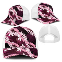Puakenikeni Maile Lei Baseball Net Cap Frangipani Pink Tropical Leaves