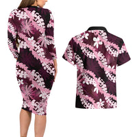 Puakenikeni Maile Lei Couples Matching Long Sleeve Bodycon Dress and Hawaiian Shirt Frangipani Pink Tropical Leaves LT01 - Polynesian Pride