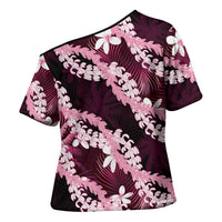 Puakenikeni Maile Lei Cross Shoulder Shirt Frangipani Pink Tropical Leaves