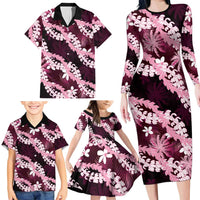 Puakenikeni Maile Lei Family Matching Long Sleeve Bodycon Dress and Hawaiian Shirt Frangipani Pink Tropical Leaves LT01 - Polynesian Pride