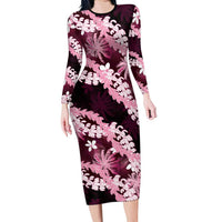 Puakenikeni Maile Lei Family Matching Long Sleeve Bodycon Dress and Hawaiian Shirt Frangipani Pink Tropical Leaves LT01 Mom's Dress Pink - Polynesian Pride