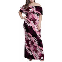 Puakenikeni Maile Lei Family Matching Off Shoulder Maxi Dress and Hawaiian Shirt Frangipani Pink Tropical Leaves LT01 Mom's Dress Pink - Polynesian Pride