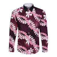 Puakenikeni Maile Lei Long Sleeve Button Shirt Frangipani Pink Tropical Leaves