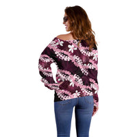 Puakenikeni Maile Lei Off Shoulder Sweater Frangipani Pink Tropical Leaves