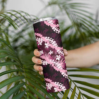 Puakenikeni Maile Lei Skinny Tumbler Frangipani Pink Tropical Leaves