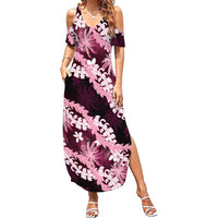 Puakenikeni Maile Lei Summer Maxi Dress Frangipani Pink Tropical Leaves