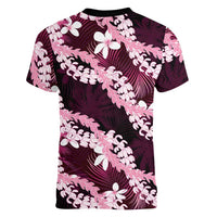 Puakenikeni Maile Lei Women V-Neck T-Shirt Frangipani Pink Tropical Leaves
