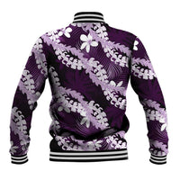 Puakenikeni Maile Lei Baseball Jacket Frangipani Purple Tropical Leaves