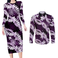 Puakenikeni Maile Lei Couples Matching Long Sleeve Bodycon Dress and Long Sleeve Button Shirt Frangipani Purple Tropical Leaves LT01 Purple - Polynesian Pride