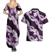 Puakenikeni Maile Lei Couples Matching Summer Maxi Dress and Hawaiian Shirt Frangipani Purple Tropical Leaves LT01 - Polynesian Pride