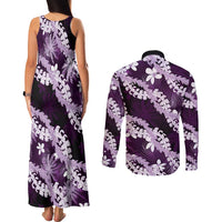 Puakenikeni Maile Lei Couples Matching Tank Maxi Dress and Long Sleeve Button Shirt Frangipani Purple Tropical Leaves LT01 - Polynesian Pride