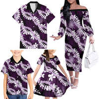 Puakenikeni Maile Lei Family Matching Off The Shoulder Long Sleeve Dress and Hawaiian Shirt Frangipani Purple Tropical Leaves LT01 - Polynesian Pride