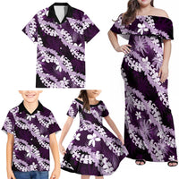 Puakenikeni Maile Lei Family Matching Off Shoulder Maxi Dress and Hawaiian Shirt Frangipani Purple Tropical Leaves LT01 - Polynesian Pride