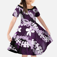 Puakenikeni Maile Lei Family Matching Short Sleeve Bodycon Dress and Hawaiian Shirt Frangipani Purple Tropical Leaves LT01 Daughter's Dress Purple - Polynesian Pride