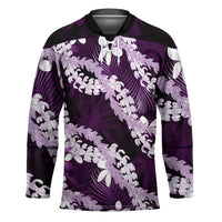 Puakenikeni Maile Lei Hockey Jersey Frangipani Purple Tropical Leaves