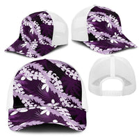 Puakenikeni Maile Lei Mesh Trucker Cap Frangipani Purple Tropical Leaves
