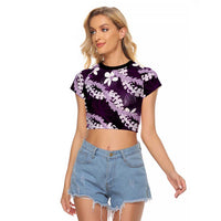 Puakenikeni Maile Lei Raglan Cropped T Shirt Frangipani Purple Tropical Leaves