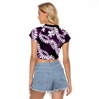 Puakenikeni Maile Lei Raglan Cropped T Shirt Frangipani Purple Tropical Leaves