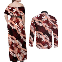 Puakenikeni Maile Lei Couples Matching Off Shoulder Maxi Dress and Long Sleeve Button Shirt Frangipani Red Tropical Leaves
