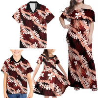 Puakenikeni Maile Lei Family Matching Off Shoulder Maxi Dress and Hawaiian Shirt Frangipani Red Tropical Leaves LT01 - Polynesian Pride