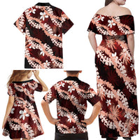 Puakenikeni Maile Lei Family Matching Off Shoulder Maxi Dress and Hawaiian Shirt Frangipani Red Tropical Leaves LT01 - Polynesian Pride