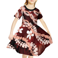 Puakenikeni Maile Lei Kid Short Sleeve Dress Frangipani Red Tropical Leaves