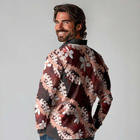 Puakenikeni Maile Lei Long Sleeve Polo Shirt Frangipani Red Tropical Leaves