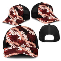 Puakenikeni Maile Lei Mesh Trucker Cap Frangipani Red Tropical Leaves