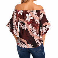 Puakenikeni Maile Lei Off Shoulder Wrap Waist Top Frangipani Red Tropical Leaves LT01 - Polynesian Pride