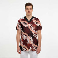 Puakenikeni Maile Lei Scrub Top Frangipani Red Tropical Leaves