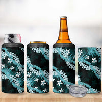 Puakenikeni Maile Lei 4 in 1 Can Cooler Tumbler Frangipani Turquoise Tropical Leaves