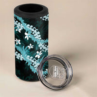 Puakenikeni Maile Lei 4 in 1 Can Cooler Tumbler Frangipani Turquoise Tropical Leaves