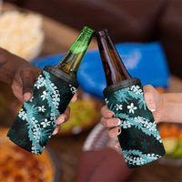 Puakenikeni Maile Lei 4 in 1 Can Cooler Tumbler Frangipani Turquoise Tropical Leaves