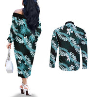 Puakenikeni Maile Lei Couples Matching Off The Shoulder Long Sleeve Dress and Long Sleeve Button Shirt Frangipani Turquoise Tropical Leaves LT01 - Polynesian Pride