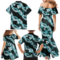 Puakenikeni Maile Lei Family Matching Mermaid Dress and Hawaiian Shirt Frangipani Turquoise Tropical Leaves LT01 - Polynesian Pride