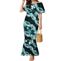 Puakenikeni Maile Lei Family Matching Mermaid Dress and Hawaiian Shirt Frangipani Turquoise Tropical Leaves LT01 Mom's Dress Turquoise - Polynesian Pride