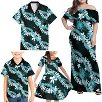 Puakenikeni Maile Lei Family Matching Off Shoulder Maxi Dress and Hawaiian Shirt Frangipani Turquoise Tropical Leaves LT01 - Polynesian Pride