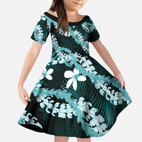 Puakenikeni Maile Lei Family Matching Short Sleeve Bodycon Dress and Hawaiian Shirt Frangipani Turquoise Tropical Leaves LT01 Daughter's Dress Turquoise - Polynesian Pride
