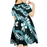 Puakenikeni Maile Lei Kid Short Sleeve Dress Frangipani Turquoise Tropical Leaves