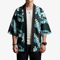 Puakenikeni Maile Lei Kimono Frangipani Turquoise Tropical Leaves