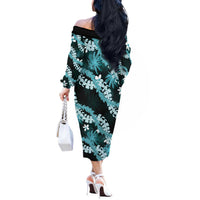 Puakenikeni Maile Lei Off The Shoulder Long Sleeve Dress Frangipani Turquoise Tropical Leaves