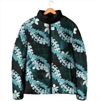 Puakenikeni Maile Lei Padded Jacket Frangipani Turquoise Tropical Leaves