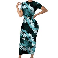 Puakenikeni Maile Lei Short Sleeve Bodycon Dress Frangipani Turquoise Tropical Leaves