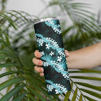 Puakenikeni Maile Lei Skinny Tumbler Frangipani Turquoise Tropical Leaves