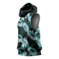 Puakenikeni Maile Lei Sleeveless Hoodie Frangipani Turquoise Tropical Leaves