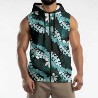 Puakenikeni Maile Lei Sleeveless Zip Hoodie Frangipani Turquoise Tropical Leaves