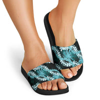 Puakenikeni Maile Lei Slide Sandals Frangipani Turquoise Tropical Leaves